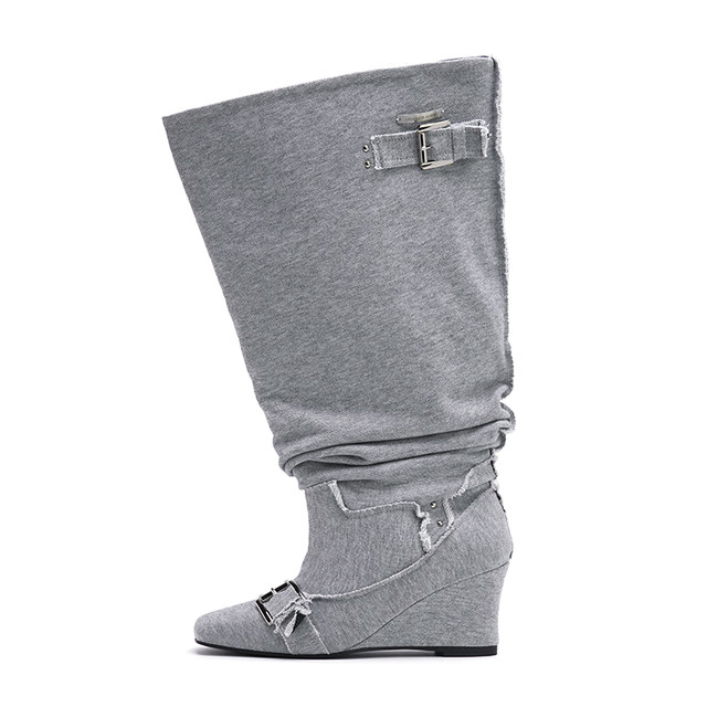 Mollynne original design wedge heel pleated fashion boots pointed toe boots mid-calf women's boots long boots pile boots for women