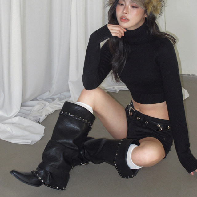 Mollynne original design pointed toe mid-calf pile boots for women black thick-soled fashion boots punk style boots for women