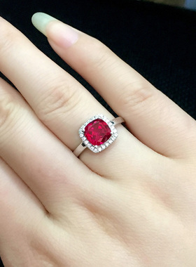 克拉925纯银白金方形红宝石戒指
