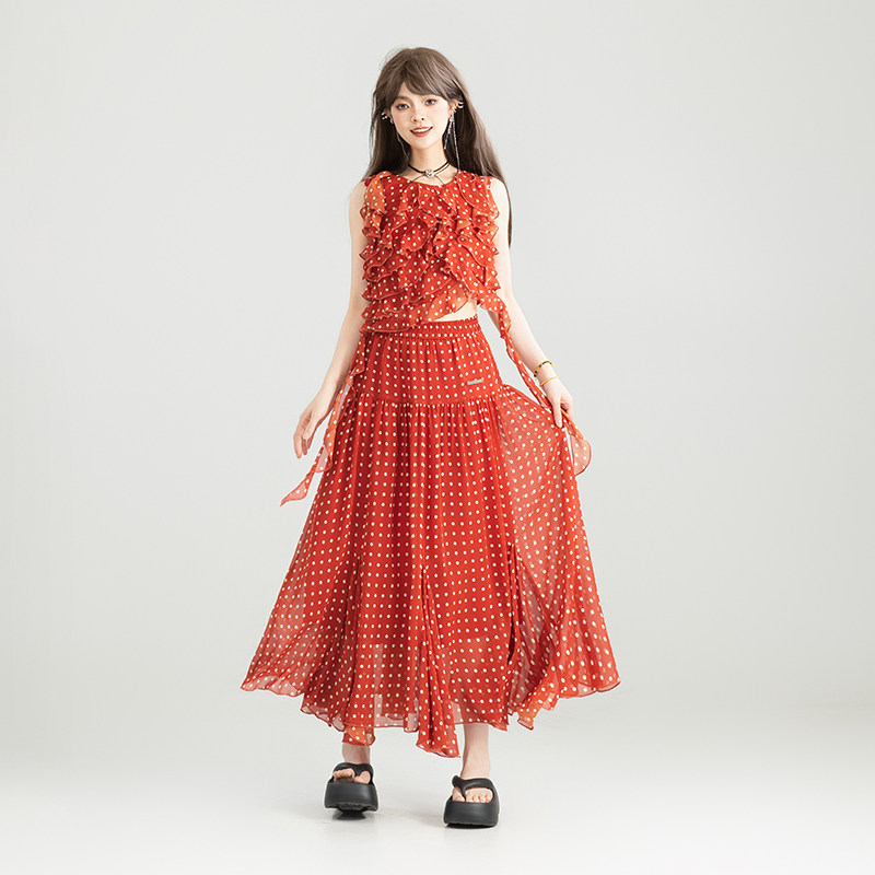 KEIKO法式褶花雪纺上衣女夏日穿搭套装波点无袖衬衫+半身裙两件套,淘宝优惠券,粉丝福利购,淘宝优惠卷