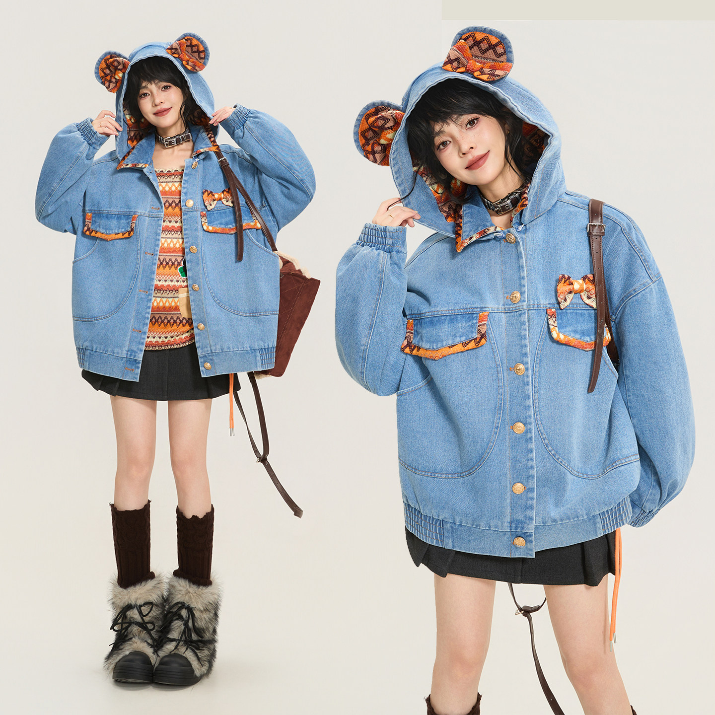 KEIKO [可卸连帽] 提花拼接牛仔外套25秋季慵懒廓形落肩夹克上衣,淘宝优惠券,粉丝福利购,淘宝优惠卷