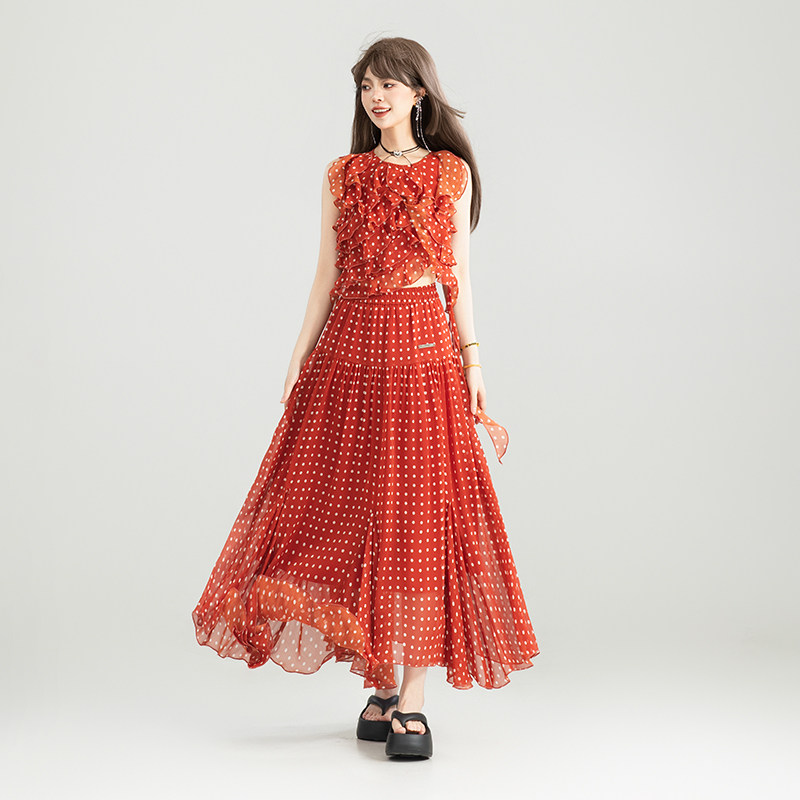 KEIKO法式褶花雪纺上衣女夏日穿搭套装波点无袖衬衫+半身裙两件套,淘宝优惠券,粉丝福利购,淘宝优惠卷