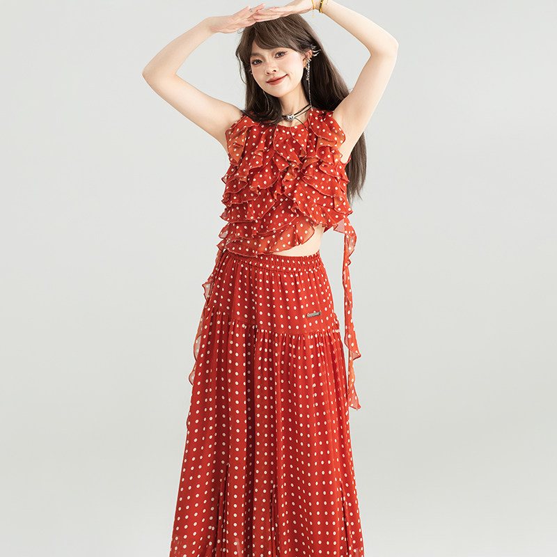 KEIKO法式褶花雪纺上衣女夏日穿搭套装波点无袖衬衫+半身裙两件套,淘宝优惠券,粉丝福利购,淘宝优惠卷