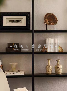 中古风宋氏美学书房样板间展示柜木化石书档软装饰品摆件组合搭配