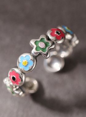 开口纯银滴油秋冬珐琅设计ins指环小花戒指女新泫雅小众J0355L925