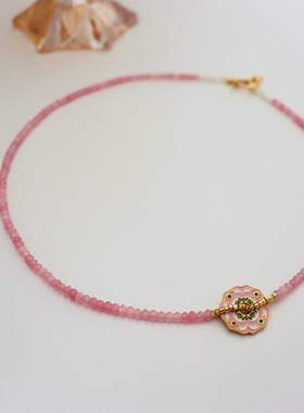 粉色花朵串珠项链锁骨链小众简约