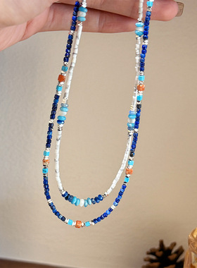 欧美时尚简约百搭高级感青金石串珠项链轻奢小众气质叠戴锁骨链女