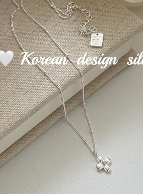 韩国ins风亮银饰品 S925纯银竖条纹镂空四叶草珠珠项链叠戴高级感
