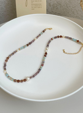 新款波西米亚复古算盘珠石头项链手工串珠个性百搭珍珠锁骨链颈链