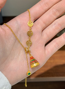 新中式复古时尚珐琅滴油许愿塔吊坠项链轻奢小众高级感锁骨链女