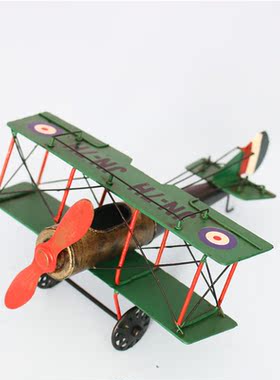 芈居复古铁皮飞机模型 一战珍妮寇蒂斯双翼战斗机 铁艺儿童房摆件