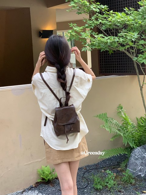 GreenDay retro brown backpack versatile high -end sensing mini drawn backpack backpack soft leather shoulder bag