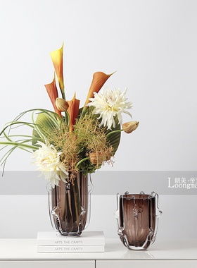 现代艺术灰色玻璃花瓶插花售楼处酒店客厅餐桌花艺花器摆件装饰品