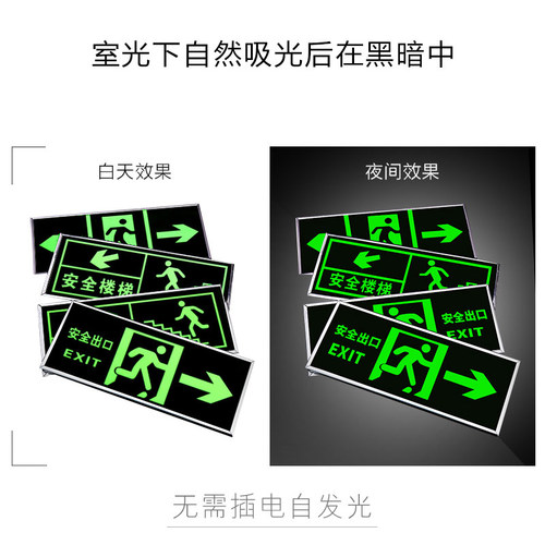 安全出口指示牌楼梯通道夜光墙贴自发光荧光标志紧急出口标识应急疏散逃生标示警示提示牌银边KT板背胶自粘贴 - 图2