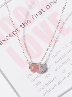 纯银猫咪草莓晶招桃花锁骨链