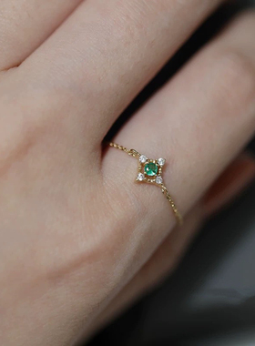 惊小鸿S925纯银镀14K金祖母绿链条戒指可调节复古小众设计手饰