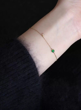惊小鸿S925纯银镀14K金祖母绿细手链女 蛋面镶嵌新中式叠戴手饰
