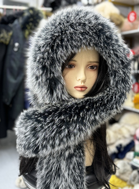 冬季真狐狸毛围巾一体连帽女帽