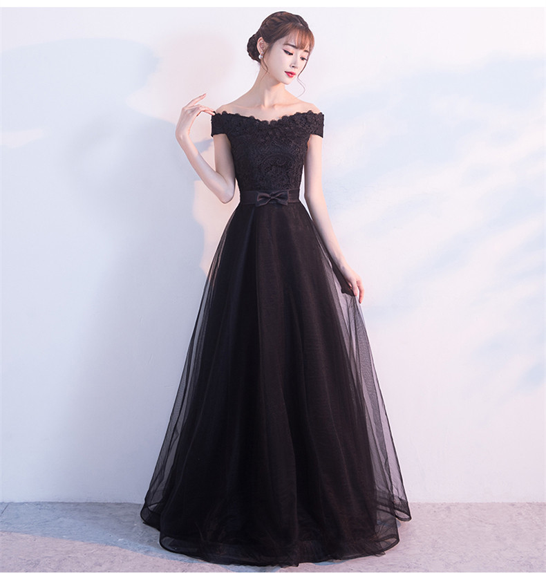 黑色宴会晚礼服 2024春夏新款时尚优雅一字肩年会主持礼服连衣裙