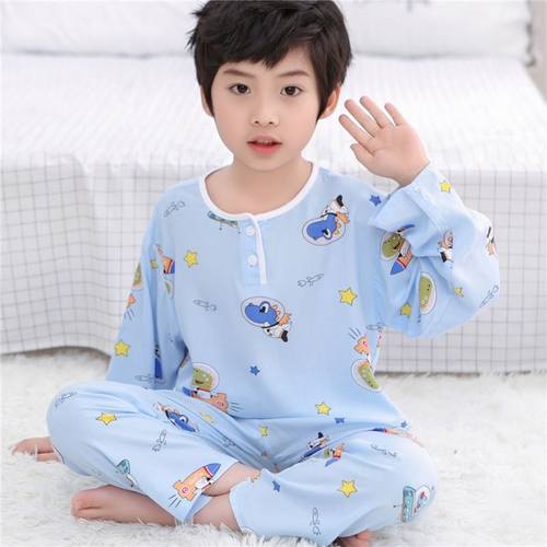 夏季儿童绵绸睡衣男童女童纯棉绸宝宝小孩东方绸家居服长袖薄稠春 - 图0