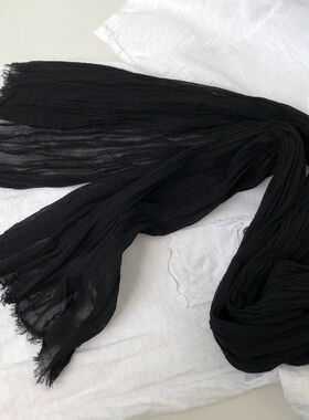围巾女夏天薄款细窄长条棉麻春秋百搭纯色丝巾装饰护颈椎围脖黑色
