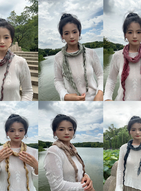 复古文艺细长条围巾女薄款夏季装饰护颈椎防晒围脖褶皱小丝巾灰色