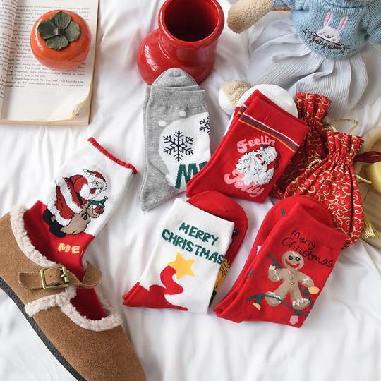 本命年红袜子女纯棉羽毛纱中筒袜可爱喜庆蛇年元旦秋冬礼物圣诞袜