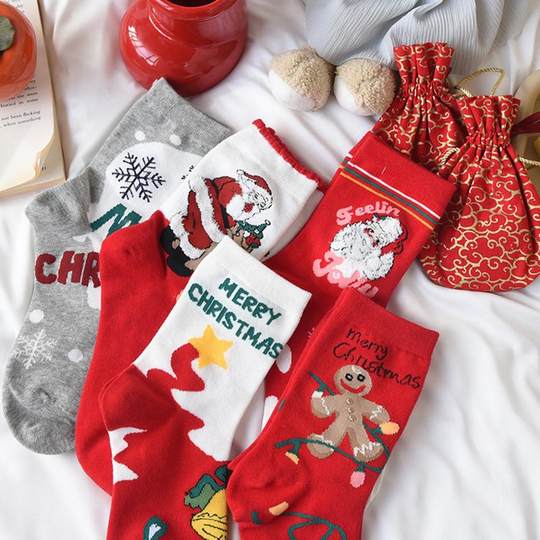 本命年红袜子女纯棉羽毛纱中筒袜可爱喜庆蛇年元旦秋冬礼物圣诞袜