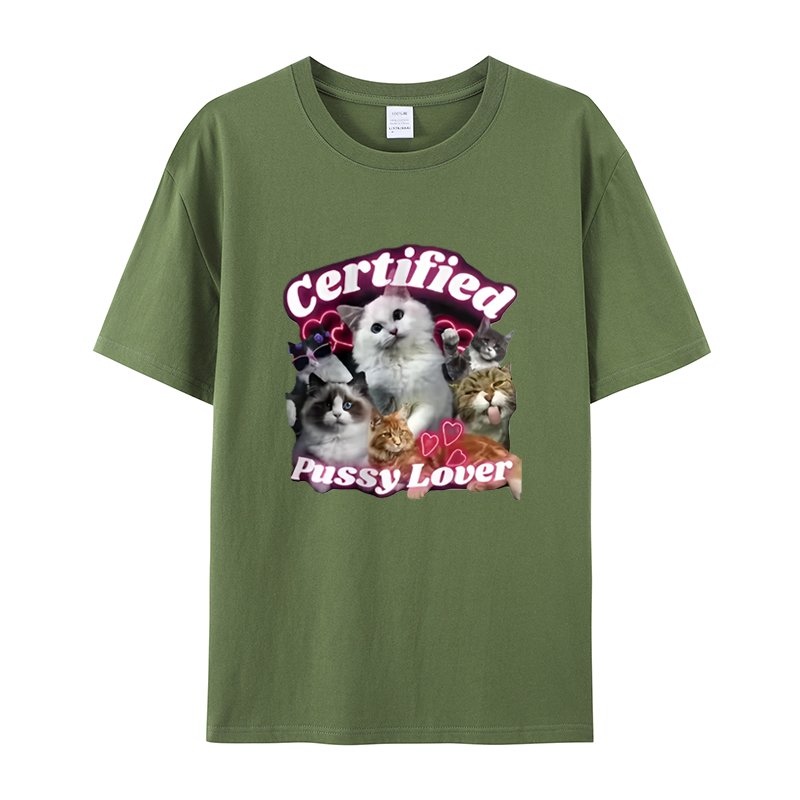 CERTIFIED PUSSY LOVER 男款设计感宽松短袖夏季纯棉印花T恤 - 图1