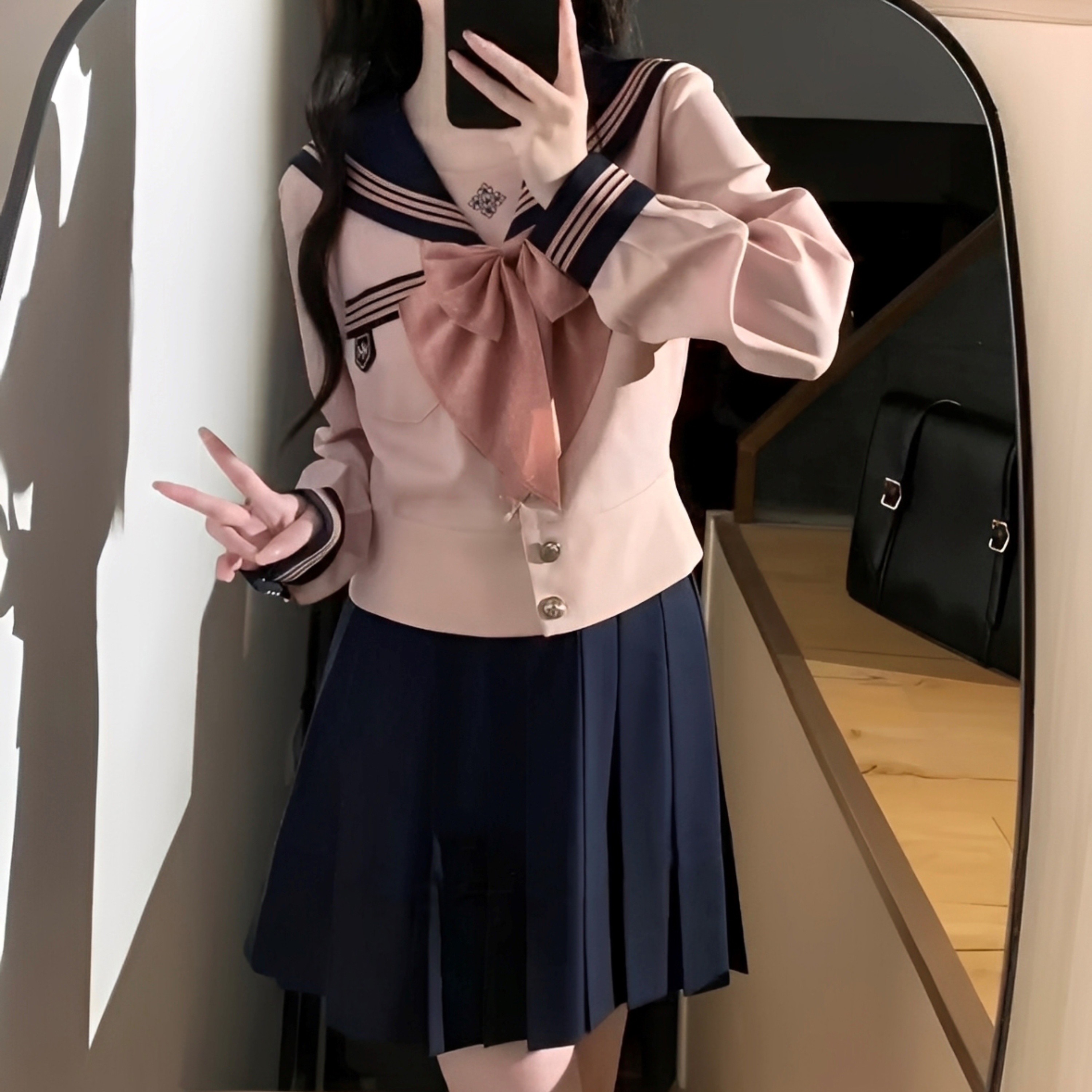 JK制服套装原创正版萌系粉色水手服日系学院风收腰长袖百褶裙女秋 - 图0