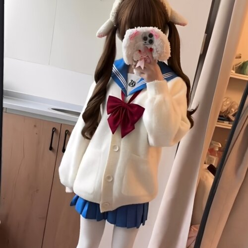 秋冬jk制服毛茸茸开衫毛衣女日系学院慵懒风小个子宽松毛绒绒外套 - 图1