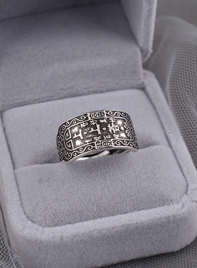 925纯银国风复古做旧花纹上上签开口戒指新中式民族风食指戒刻字