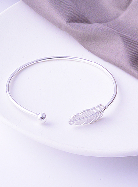 小众设计s925纯银羽毛开口手镯