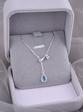 925纯银蓝色水滴流苏项链轻奢小众气质可调节锁骨链2025新款刻字