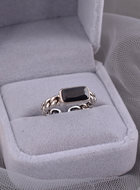 925纯银黑玛瑙链条食指戒指女小众设计时尚个性2025年新款潮刻字