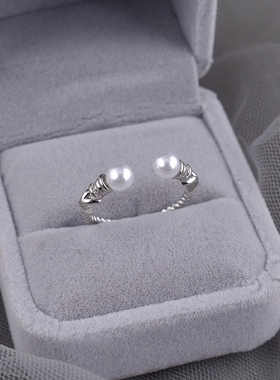 925纯银麻花双珍珠开口戒指小众排钻食指戒轻奢高级叠戴指环刻字