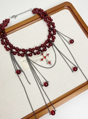 甜酷气质红色串珠叠戴流苏项链