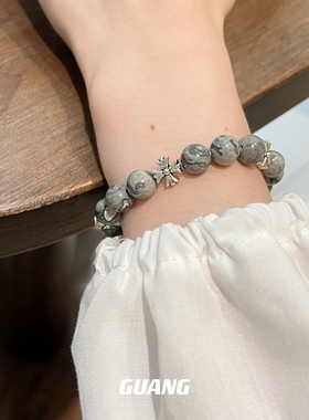 灰色天然石串珠十字架手链女款