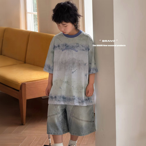 布芮欧童装26夏季新款男童女童运动亲肤透气扎染短袖儿童T恤56231 - 图2