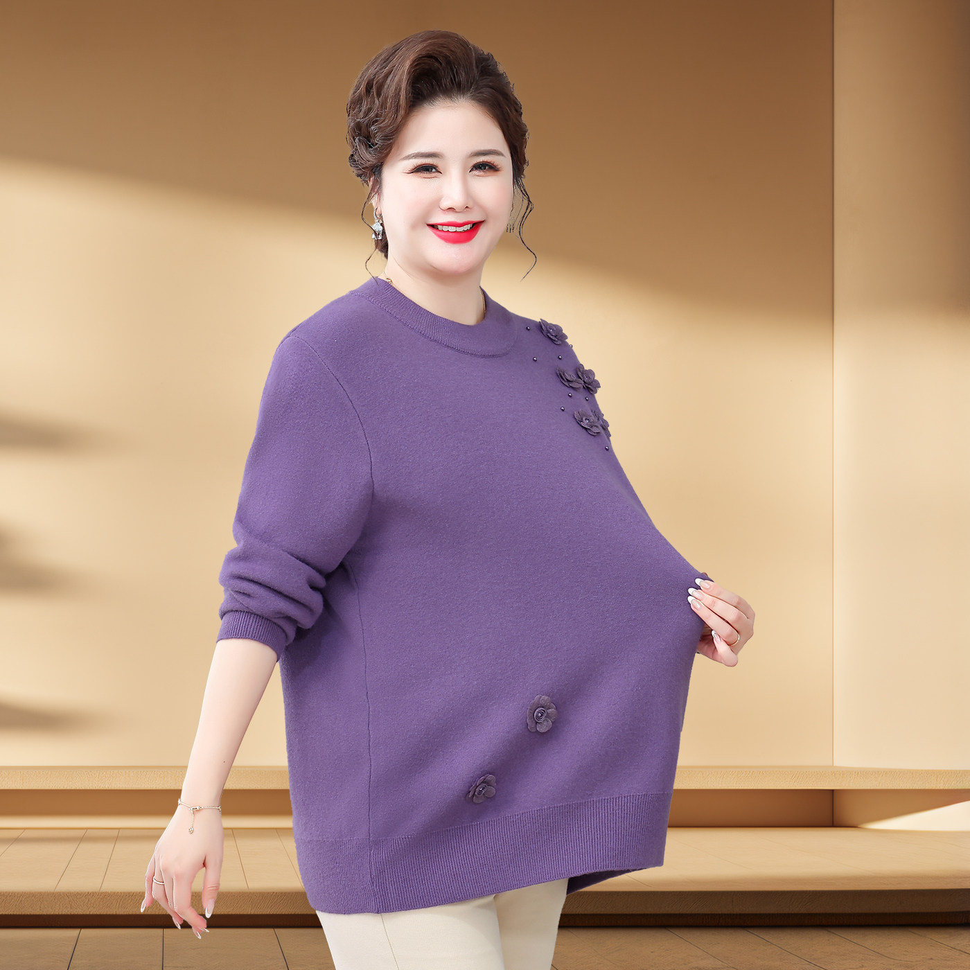 加肥大码立体花朵毛衣女中老年妈妈装加绒保暖针织打底衫宽松版型,淘宝优惠券,粉丝福利购,淘宝优惠卷