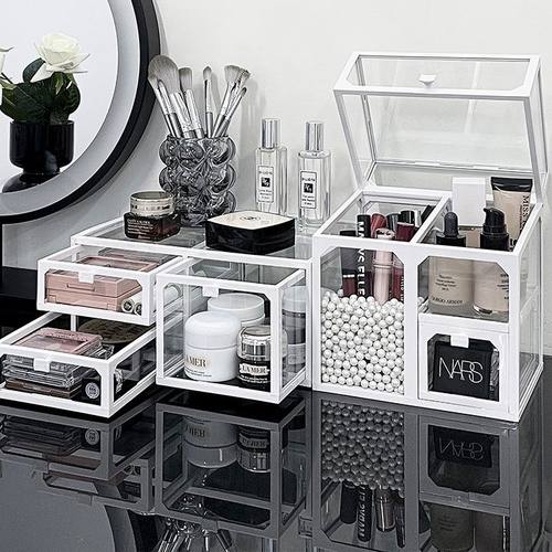 玻璃化妆品收纳盒轻奢高级感梳妆台护肤品香水口红置物架透明防尘 - 图3