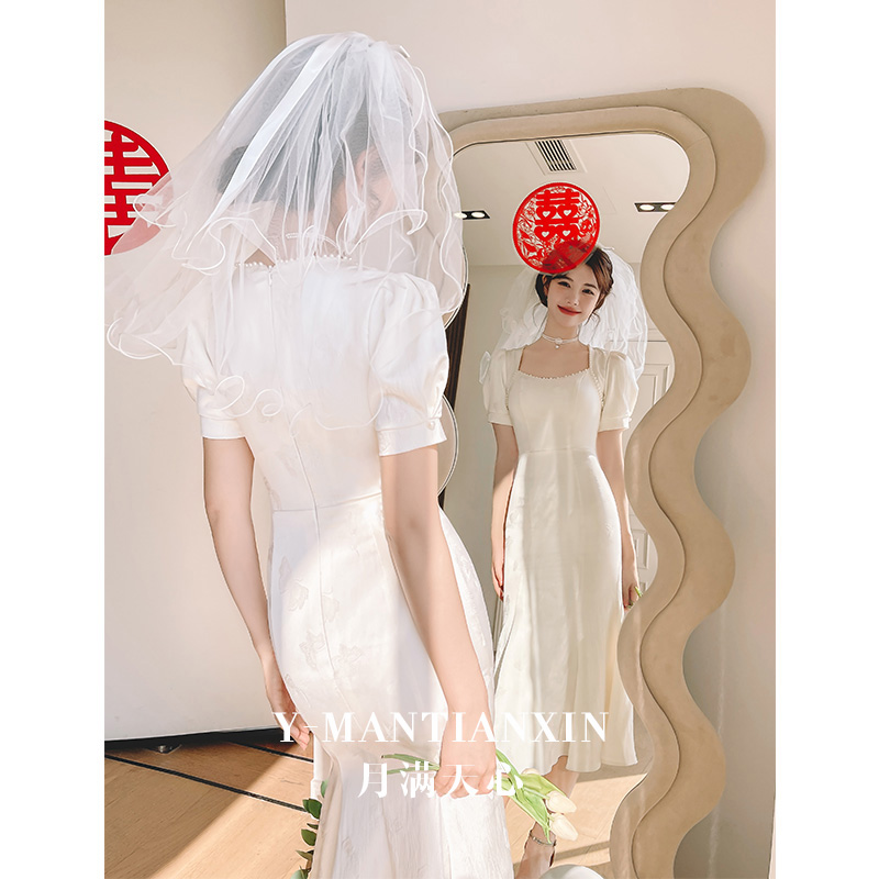 白色2023新款夏季高级感订婚婚纱 月满天心礼服/晚装
