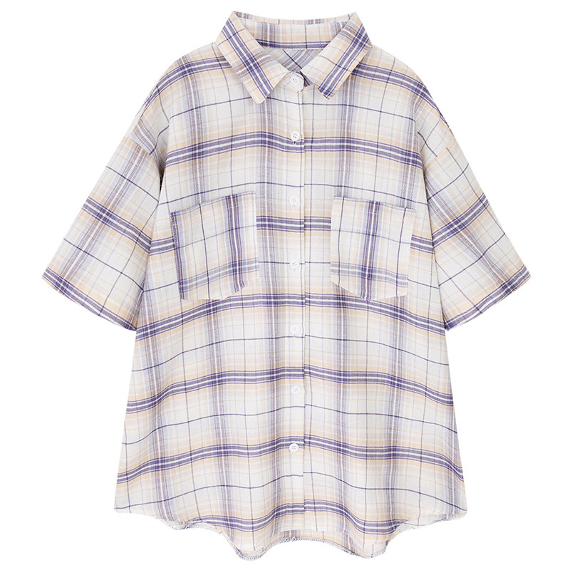 2020年夏新款紫色格子女短袖感衬衫 帕奴丝衬衫