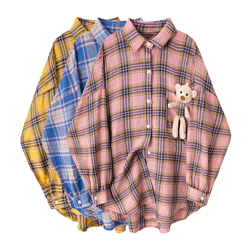 设计感格子长袖可爱小熊秋季潮衬衫 帕奴丝衬衫