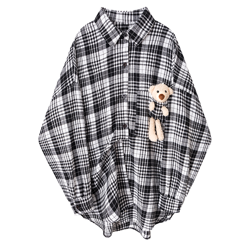 设计感格子长袖可爱小熊秋季潮衬衫 帕奴丝衬衫