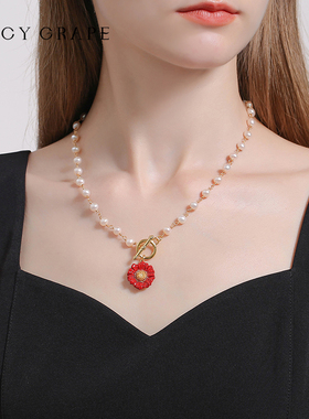 天然珍珠花朵OT扣项链