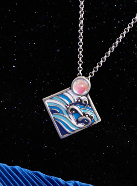 蓝色珐琅海浪明月项链女