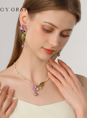 紫色鸢尾花珐琅花朵珍珠项链