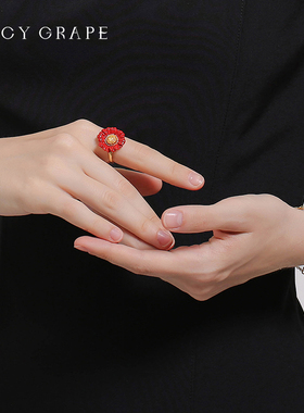 复古红色花朵珐琅开口戒指女