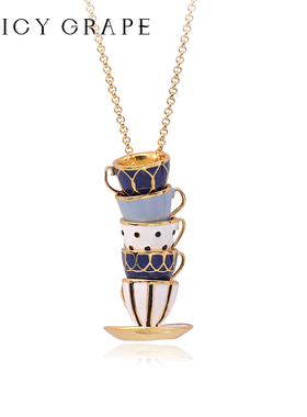 秋冬新款茶壶茶杯趣味长款项链